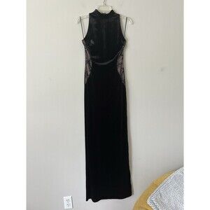 Lipsy Long Black Formal Evening Velvet Dress Leg Slit Size US 6 Panel Detail